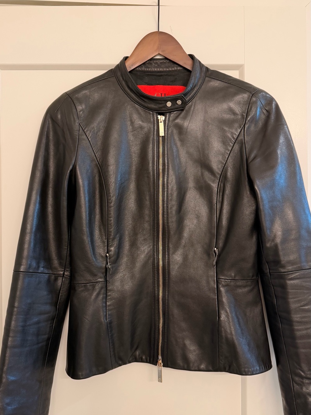 Carolina Herrera Black Leather Zip-Front Bomber Jacket with Red Lining